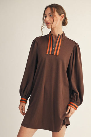 Zip Up Casual Dress with Stripe Contrast Detail in Brown