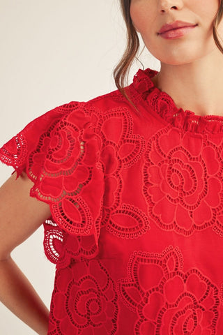Flutter Sleeves Floral Eyelet Top in Red