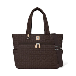 Brown quilted tote bag with shoulder strap on a white background. Brighton Amara Large Tote in Cocoa