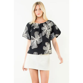 Black Puff Sleeve Floral Embroidery Detail Top