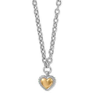 Necklace with a heart-shaped pendant on a white background. Brighton Pretty Tough Bold Two Tone Heart Petite Necklace