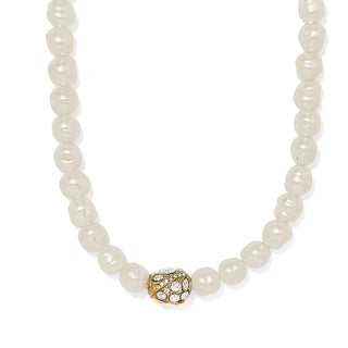 Pearl necklace with a gold and crystal clasp on a white background. Brighton Trust Your Journey Pearl Necklace