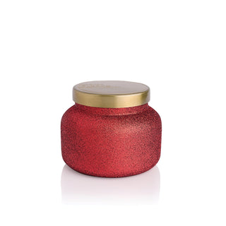 Capri Blue Volcano Signature Glam Jar Candle 19oz Red glittery candle jar with a gold lid on a white background