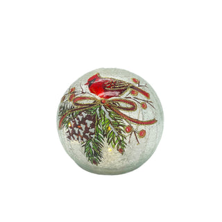 Round Clear Glass LED Cardinal & Pinecone Globe with Timer Assorted