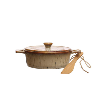 Brown Glaze Stoneware Brie Baker with Bamboo Canape Knife