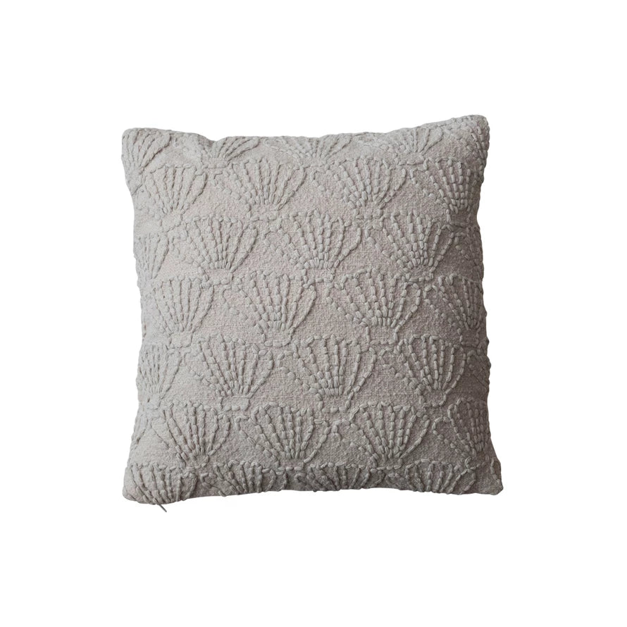 Square Hand-Embroidered Cotton & Linen Pillow with Shell Pattern