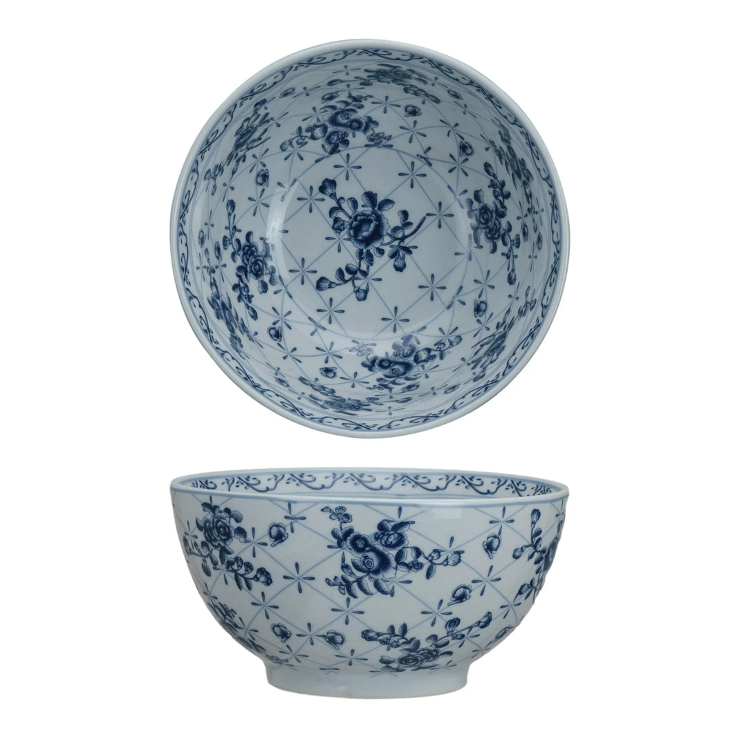 Blue & White Porcelain Bowl with Botanicals