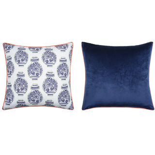 Blue Velvet & Linen Patterned Pillow