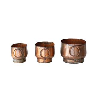 Antique Copper Oval Metal Planter with Ring Handle Assorted