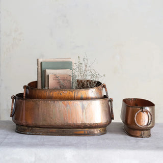 Antique Copper Oval Metal Planter with Ring Handle Assorted