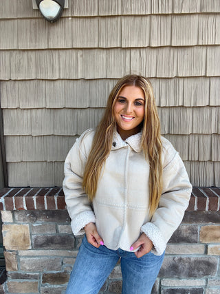 Dylan Casey stitched jacket in natural, Sherpa jacket, coat, beige color, winter coat
