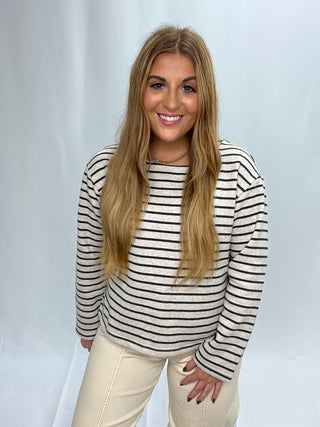dylan Charlie Stripe Pullover in Oatmeal/Black, boatneck, striped top 