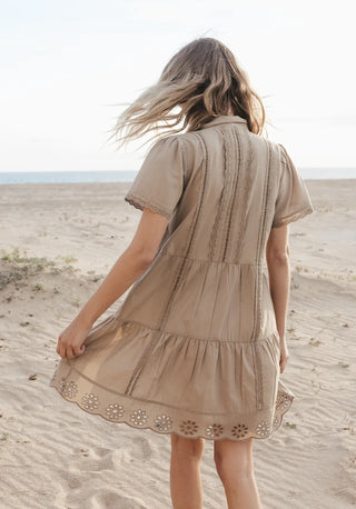 dylan Malia Dress in Light Olive button natural beige eyelet