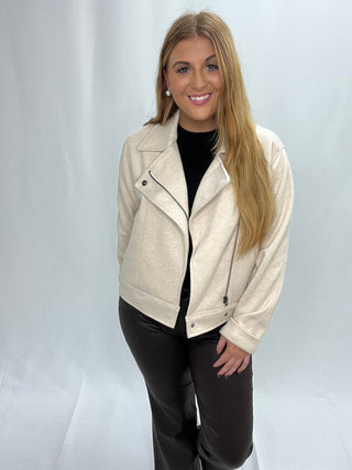 dylan Mason Knit Bomber Jacket in Natural, unzipped, wearing the jacket open, unbuttoned