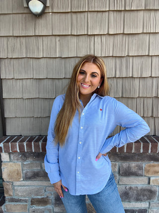 dylan Oxford Shirt in Chambray, blue long sleeve, blue button down shirt, button down shirt 