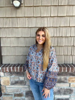 dylan Talia Top in Denim/Brown, abstract pattern, loose fit, flowy top, balloon sleeve 