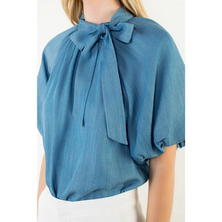 THML Blue Puff Sleeve Tie Knot Collar Top