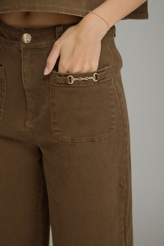 Wide Leg Pants with Hardware Accents on Patch Pockets in Brown