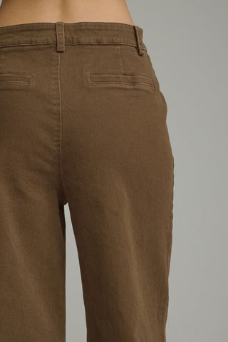 Wide Leg Pants with Hardware Accents on Patch Pockets in Brown