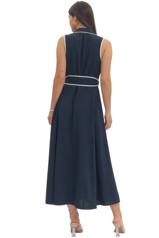 Navy with White Trim Sleeveless Midi Dress