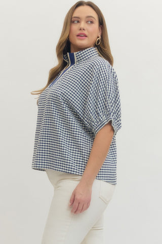 Navy Gingham Short Sleeve Top in Plus