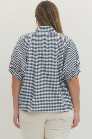 Navy Gingham Short Sleeve Top in Plus