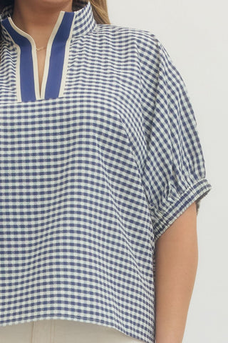 Navy Gingham Short Sleeve Top in Plus