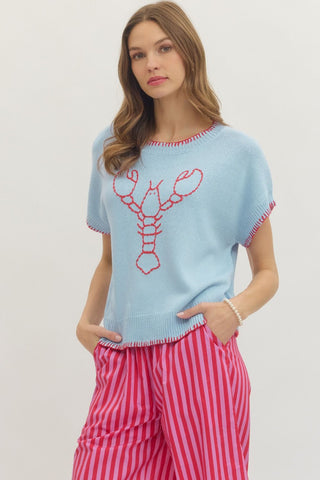 Light Blue Short Sleeve Sweater with Lobster