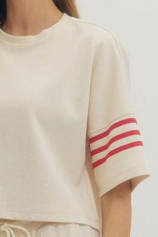 Ecru Top with Red Trim