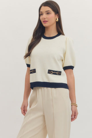 Short Sleeve Sweater with Horse Bit Accent in Cream