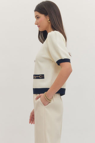 Short Sleeve Sweater with Horse Bit Accent in Cream