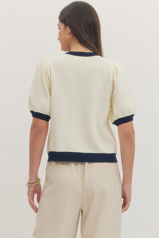 Short Sleeve Sweater with Horse Bit Accent in Cream