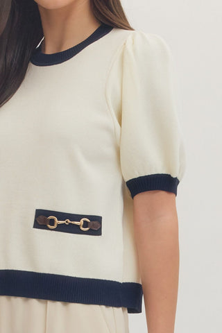 Short Sleeve Sweater with Horse Bit Accent in Cream
