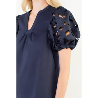 Navy Eyelet Sleeve V-Neck Top