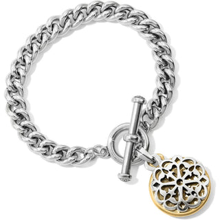 A two-tone gold and silver toggle bracelet with a geometric patterned pendant. Brighton Ferrara Two Tone Toggle Bracelet