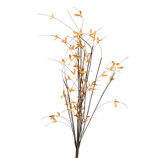 Artificial plant with orange flowers on thin brown stems against a white background