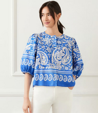 Load image into Gallery viewer, Karen Kane Puff Sleeve Button-Front Shirt, Blue Floral Paisley
