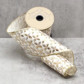 Gold & White Floral Glitter Taffeta Ribbon Sold by the Foot