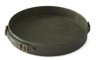 Round Tan Leather Tray with Brass Buckle Accent Handle Assorted in Green