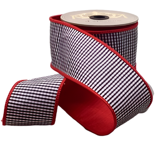 Black & White Mini Check Faux Dupion Ribbon with Red Back - SOLD BY THE FOOT
