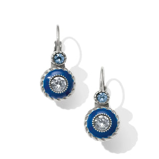 A pair of silver drop earrings featuring circular blue enamel inlays, bezel-set clear round stones, and smaller round light blue stones in bezel settings, shown on a white background with soft shadows. Brighton Halo Eclipse Leverback Earrings