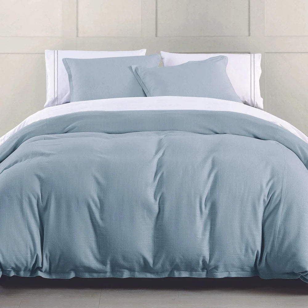 Hera Washed Linen Flange Duvet Cover Set Light Blue