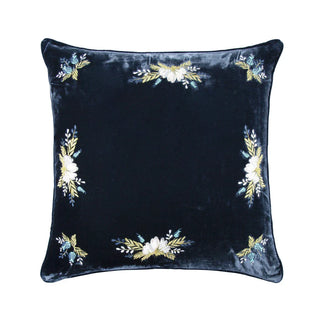 Stella Western Floral Embroidered Faux Silk Velvet Pillow, Midnight Blue
