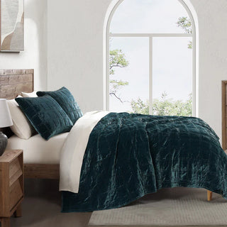 Stella Faux Silk Velvet Double Box Stitch King Quilt Set in Storm Blue