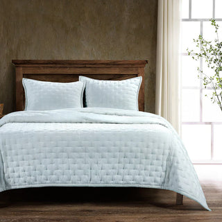 Stella Faux Silk Velvet Pintuck Quilt Set in Icy Blue
