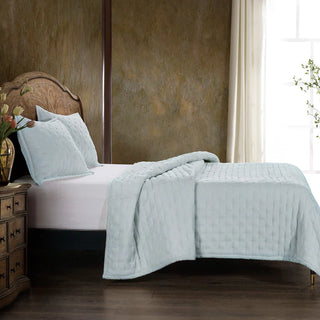 Stella Faux Silk Velvet Pintuck Quilt Set in Icy Blue