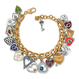 A multicolored charm bracelet featuring various heart-shaped charms in silver and gold tones, some with embellishments such as crystals or enamel finishes. One Heart Color Charm Bracelet