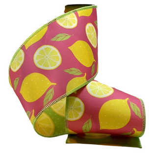 Pink with Sliced Lemons Grosgrain Ribbon - Sold by the Foot