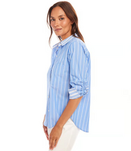 Load image into Gallery viewer, Karen Kane Contrast Ruched Sleeve Shirt, Blue Stripe
