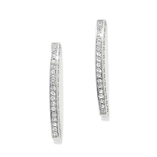Pair of silver hoop earrings with clear gemstones on a white background. Brighton Meridian Geo Bar Post Earrings in Silver